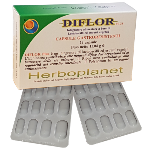 DIFLOR PLUS - Restoration of the intestinal flora and natural defenses of the organism and well-being of the urinary tract.